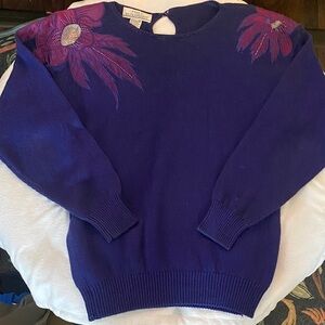Vintage Petite Illustrations Purple Sweater with Beaded Floral Embellishments